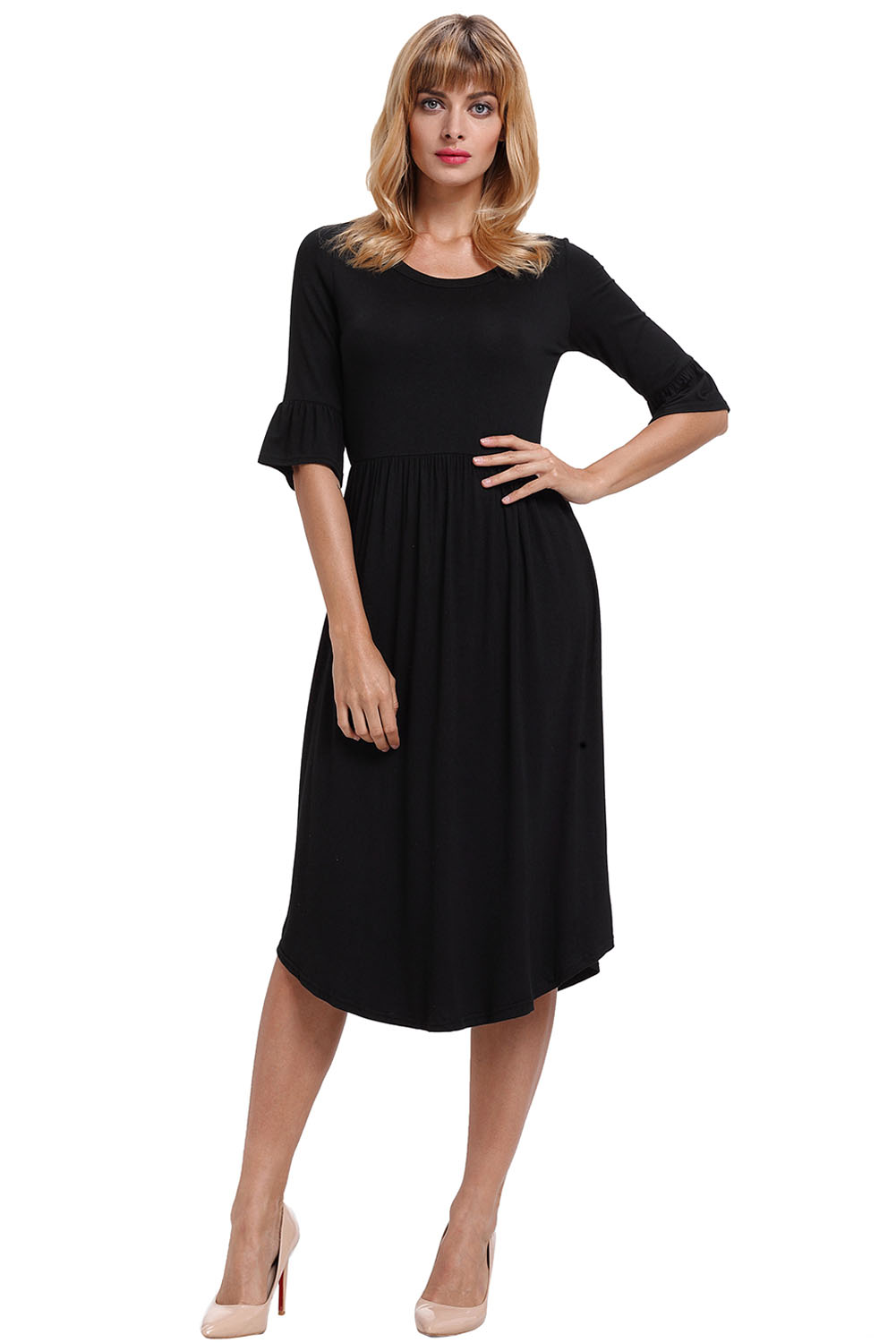 BY61652-2 Black Ruffle Sleeve Midi Jersey Dress